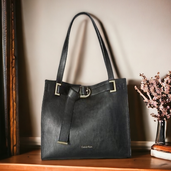 Calvin Klein Handbags - CALVIN KLEIN Nola Jetlink Black Faux Leather Tote Bag Gold Buckle & Strap Accent